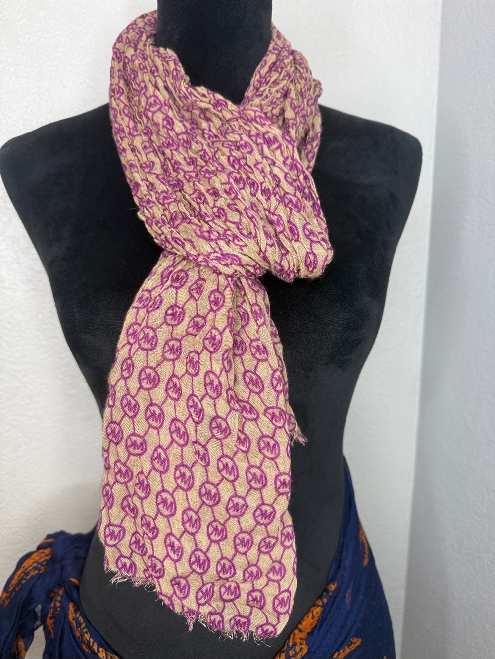 Michael Kors MK Logo Scarf Beige Purple Monogram Lightweight Viscose Wrap Y2K
